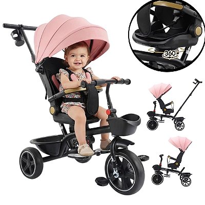 Triciclo Infantil 3 Em 1 Rosa Com Capota Empurrador Assento Gira 360° Reclina Rodas Eva Para Passeio