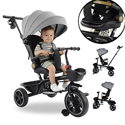 Triciclo Infantil 3 Em 1 Cinza Com Capota Empurrador Assento Gira 360° Reclina Rodas Eva Para Crianças