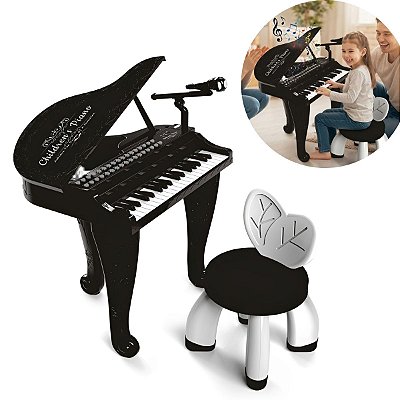 Piano Infantil Musical Com Banquinho Microfone Luz Som Teclado Brinquedo Para Crianças A Partir De 4 Anos