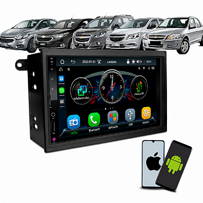 Kit Multimídia 7 Polegadas CarPlay Android Auto Sem Fio + Moldura Onix Prisma Cobalt Spin 2012 até 2019 Joy até 2021