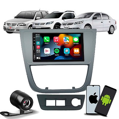 Kit Multimídia 7 CarPlay Android Auto S Fio + Câmera de Ré + Moldura Grafite Gol Saveiro Voyage G5 2008 2009 2010 2012