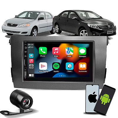 Kit Multimídia 7 CarPlay Android Auto Espelhamento Sem Fio + Câmera de Ré + Moldura Corolla 2008 2009 2010 2012 2013