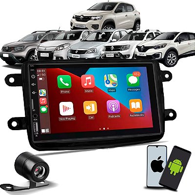 Kit Multimídia 7 CarPlay Android Auto Sem Fio + Câmera de Ré + Moldura Duster Logan Sandero Oroch Captur Kwid 2011/2022