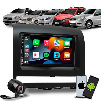 Kit Multimídia 7 CarPlay Android Auto Sem Fio + Câmera de Ré + Moldura Palio Adventure/ Weekend Siena Strada Idea 08/12