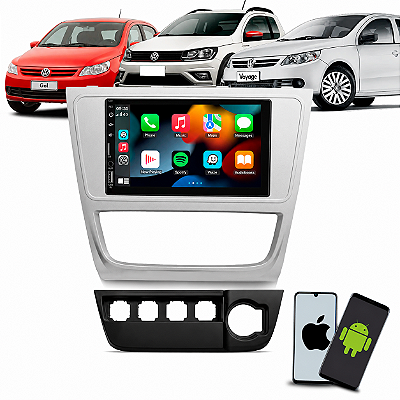 Kit MP5 Multimídia 7 Pol CarPlay Android Auto Sem Fio + Moldura Gol Voyage Saveiro G6 2013 2014 2015 2016