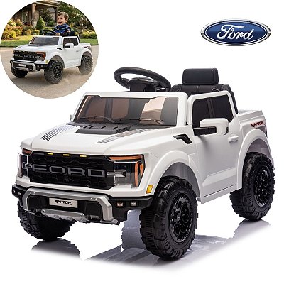 Mini Carro Caminhonete Elétrica Infantil Ford F-150 Raptor Branca 12v Licenciada Controle Remoto Luz E Som Até 30kg