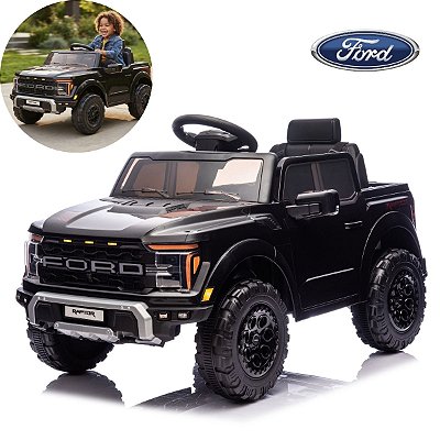 Mini Carro Caminhonete Elétrica Infantil Ford F-150 Raptor Preta 12v Licenciada Controle Remoto Luz E Som Até 30kg