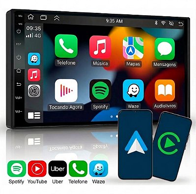 Multimidia Sist. Android 15 4GB RAM 64GB 7 pol Android Auto Carplay S. fio Tv Waze Spotify Deezer Netflix Nimus N500+