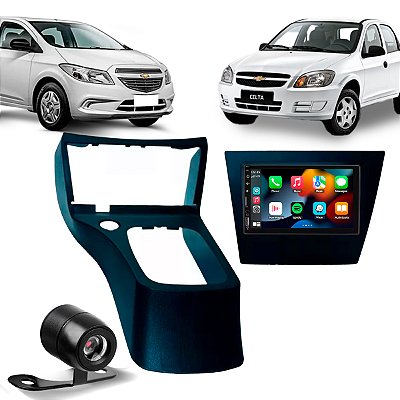 Kit MP5 Multimídia 7 Pol CarPlay Android Auto Sem Fio + Câmera de Ré + Moldura Celta 2007 a 2016 Prisma 2006 a 2012