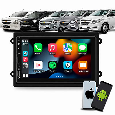 Kit Multimídia 7 Pol CarPlay Android Auto Sem Fio + Moldura Onix Cobalt Spin Prisma 2012 a 2019 Joy 2021