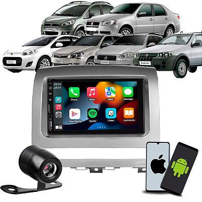 Kit Multimídia 7 CarPlay Android Auto S Fio + Câmera de Ré + Moldura Palio Adventure/Weekend Siena Idea Strada 2008/2012