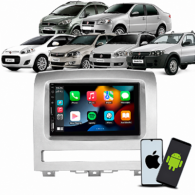 Kit Multimídia 7 CarPlay Android Auto S Fio + Moldura Palio Adventure/Weekend Siena Idea Strada 2008 2009 2010 2011 2012