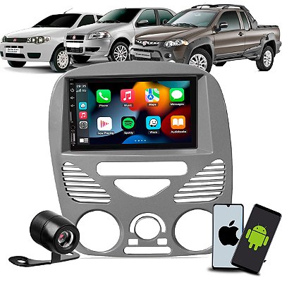 Kit Multimídia 7 CarPlay Android Auto S Fio + Câmera de Ré + Moldura Fiat Palio Siena Fire G2 Strada 1.4 MPI Fire 02/14