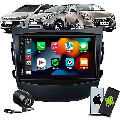 Kit Multimídia 7 Pol CarPlay Android Auto S Fio + Câmera de Ré + Moldura HB20 G1 2012 2013 2014 2015 2016 2017 2018 2019