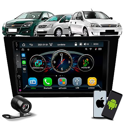 Multimídia 7 Pol CarPlay Android Auto S Fio + Câmera de Ré + Moldura GM Vectra GT 05/11 Meriva Montana 03/11 Corsa 02/11