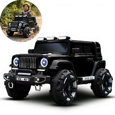 Mini Carro Elétrico Infantil Jipe 12v Preto Controle Remoto Luz Som Suporta Até 50kg