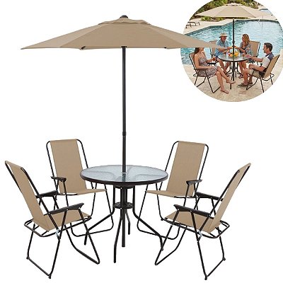 Conjunto Jardim 6 Peças Mesa Vidro 4 Cadeiras Dobráveis Guarda-sol Bege Para Varanda Piscina Área Externa