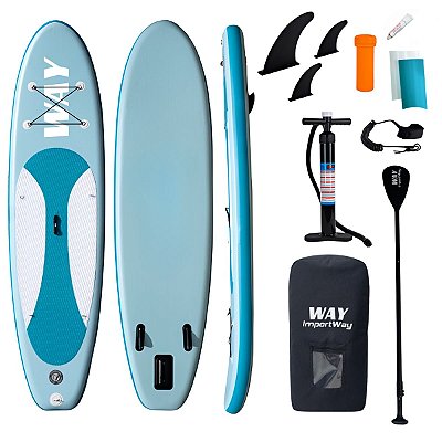 Prancha Stand Up Paddle Inflável 305x76x15cm Azul Remo Ajustável Bomba Manual Bolsa Transporte Kit Completo Até 130kg