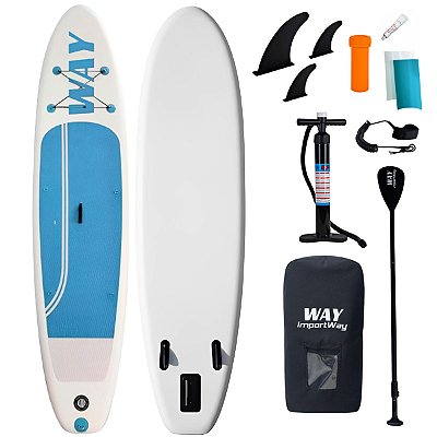 Prancha Stand Up Paddle Inflável 320x76x15cm Azul Remo Ajustável Bomba Manual Bolsa Transporte Kit Completo Até 140kg