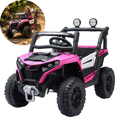 Carrinho Utv Elétrico Infantil 12v Rosa Controle Remoto Bateria Recarregável Luz Som Até 30kg Inmetro Anatel
