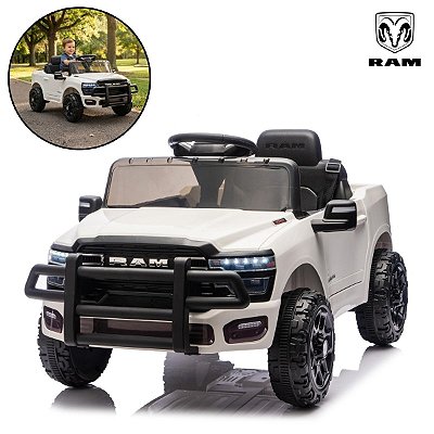 Mini Carro Elétrico Infantil Ram 3500 Rho 6v Branco Com Empurrador Bateria Recarregável Luz Som Até 30kg
