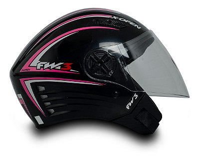 Capacete para Moto Aberto X Open Preto Rosa Tamanho 56 58 60 Viseira Transparente Forro Removível - FW3