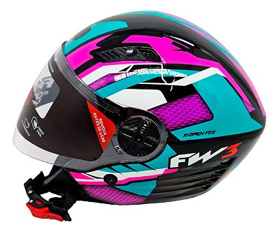 Capacete Moto Aberto X Open Up Fox Azul Rosa Preto com Oculos Solar Interno Fumê e Viseira Cristal Tamanho 56 58 60 FW3