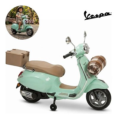 Mini Moto Elétrica Infantil Vespa Primavera 12v Azul Licenciada Com Luz Som Rodinhas Auxiliares Suporta Até 30kg