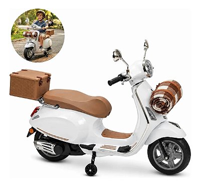 Mini Moto Elétrica Infantil Vespa Primavera 12v Branca Licenciada Com Luz Som Rodinhas Auxiliares Até 30kg