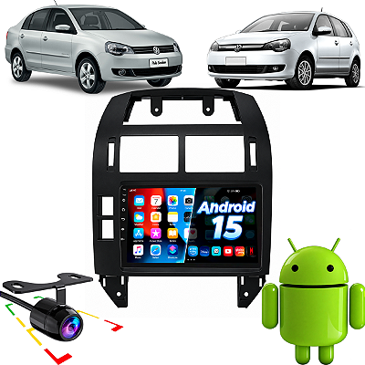 Kit Multimídia Android 15 Nimus Tela 9 Carplay Android Auto S Fio Polo Hatch Sedan 03 a 11 + Moldura Completa Câmera Ré