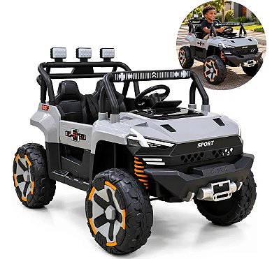 Carro Jipe Elétrico Infantil 12v Cinza Controle Remoto Bateria Recarregável Luz Som Cinto 3 Pontos Até 30kg