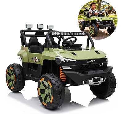 Carro Jipe Elétrico Infantil 12v Verde Controle Remoto Bateria Recarregável Luz Som Cinto 3 Pontos Até 30kg