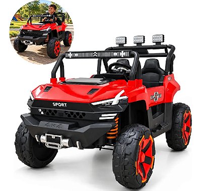 Carro Jipe Elétrico Infantil 12v Vermelho Controle Remoto Bateria Recarregável Luz Som Cinto 3 Pontos Até 30kg