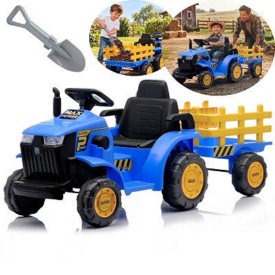 Trator Elétrico Infantil 12v Azul Com Carreta Pá Controle Remoto Luz Som Pedal Frente Ré Bateria Recarregável