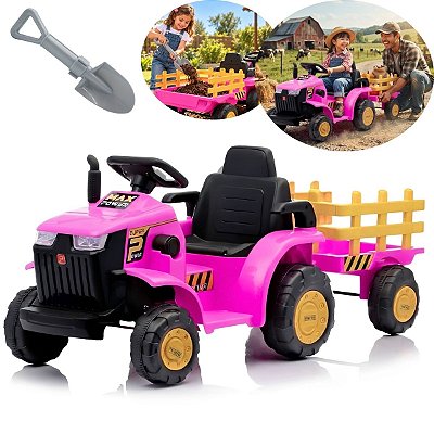 Trator Elétrico Infantil 12v Rosa Com Carreta Pá Controle Remoto Luz Som Pedal Frente Ré Bateria Recarregável