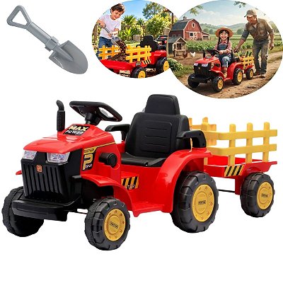 Trator Elétrico Infantil 12v Vermelho Com Carreta Pá Controle Remoto Luz Som Pedal Frente Ré Bateria Recarregável
