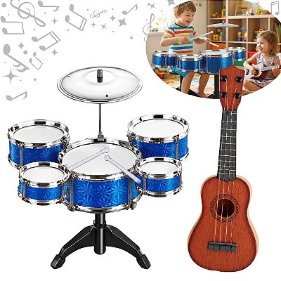 Kit Musical Infantil Azul Com Bateria E Violão Brinquedo Instrumentos Musicais Para Crianças A Partir De 3 Anos