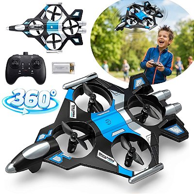 Drone Infantil Formato Avião Caça Azul Com Controle Remoto Bateria Recarregável 3,7v Brinquedo Para Crianças