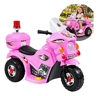 Mini Moto Elétrica Infantil Triciclo Policial 6v Rosa Com Sirene Farol Luz Som Porta Objetos Frente E Ré