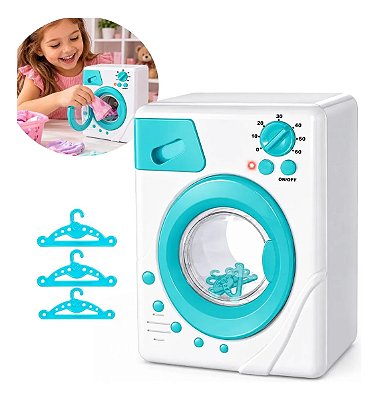Mini Máquina De Lavar Roupa Elétrica Infantil Brinquedo Com Luz Vibração Porta Abre Compartimento E Cabides