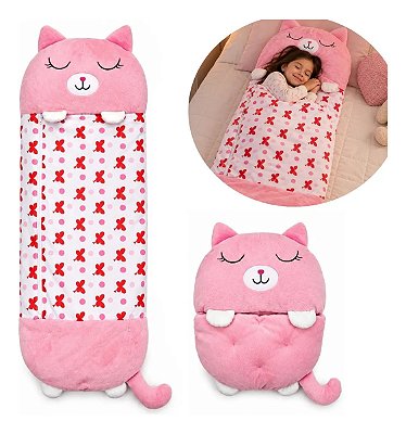 Saco De Dormir Infantil Rosa 2 Em 1 Vira Bolsa E Almofada 135x50cm Compacto Macio Fácil De Transportar