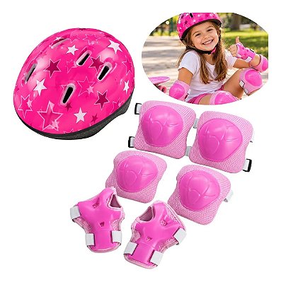 Kit Proteção Infantil Ajustável Rosa Com Capacete Joelheira Cotoveleira Munhequeira Para Bicicleta Patins Skate