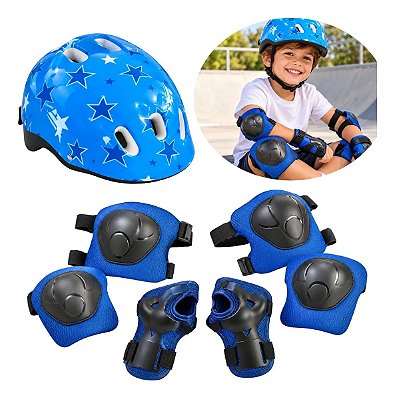 Kit Proteção Infantil Ajustável Azul Com Joelheiras Cotoveleiras Munhequeiras Para Bicicleta Patins Skates E Patinete