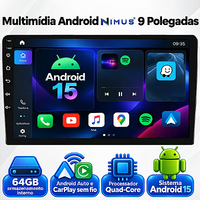 Kit Central Multimídia Sistema Android 15 4G RAM DDR4 64GB Memoria Tela 9 Pol Incluso Moldura Especifica e Câmera de ré