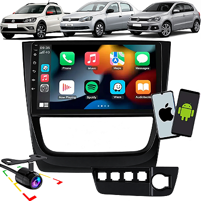 Central Multimídia 9 Pol Carplay Android Espelhamento S Fio Gol Voyage Saveiro G6 2013 2014 2015 + Moldura e Câmera Ré