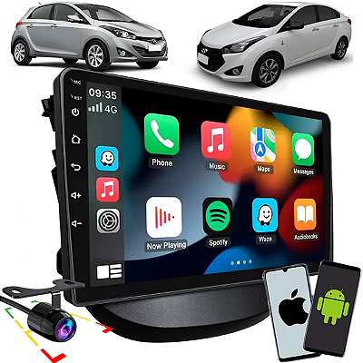 Kit Central Multimídia Tela 9 Pol Carplay Android Auto Espelhamento Sem Fio Hb20 2012 até 2019 + Moldura e Câmera Ré
