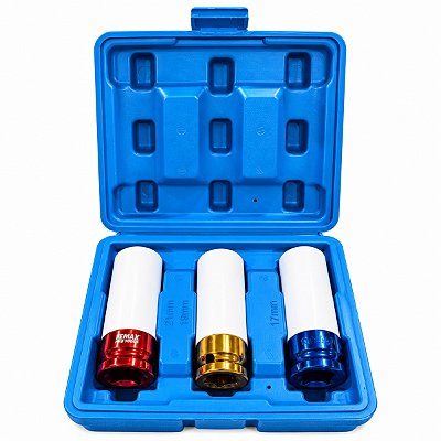 Kit 3 Soquetes De Impacto Para Roda 17 19 21mm Encaixe 1/2 Aço Crmo Com Capa Protetora Antirrisco