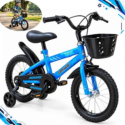Bicicleta Infantil Aro 14 Azul Com Rodinhas De Apoio Cestinha Dianteira Paralamas E Protetor De Corrente