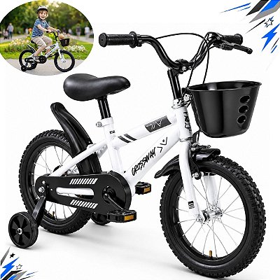 Bicicleta Infantil Aro 14 Branca Com Rodinhas De Apoio Cestinha Dianteira Paralamas E Protetor De Corrente