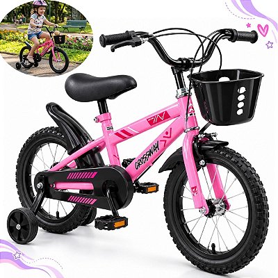 Bicicleta Infantil Aro 14 Rosa Com Rodinhas De Apoio Cestinha Dianteira Paralamas E Protetor De Corrente